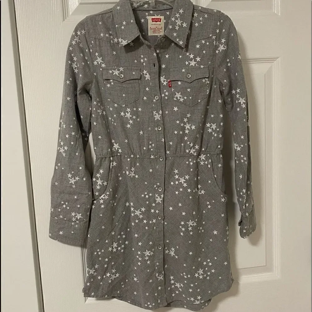 Levi’s Girls Shirt Dress Long Sleeve Gray Printed Stars Size M Youth (10-12) EUC